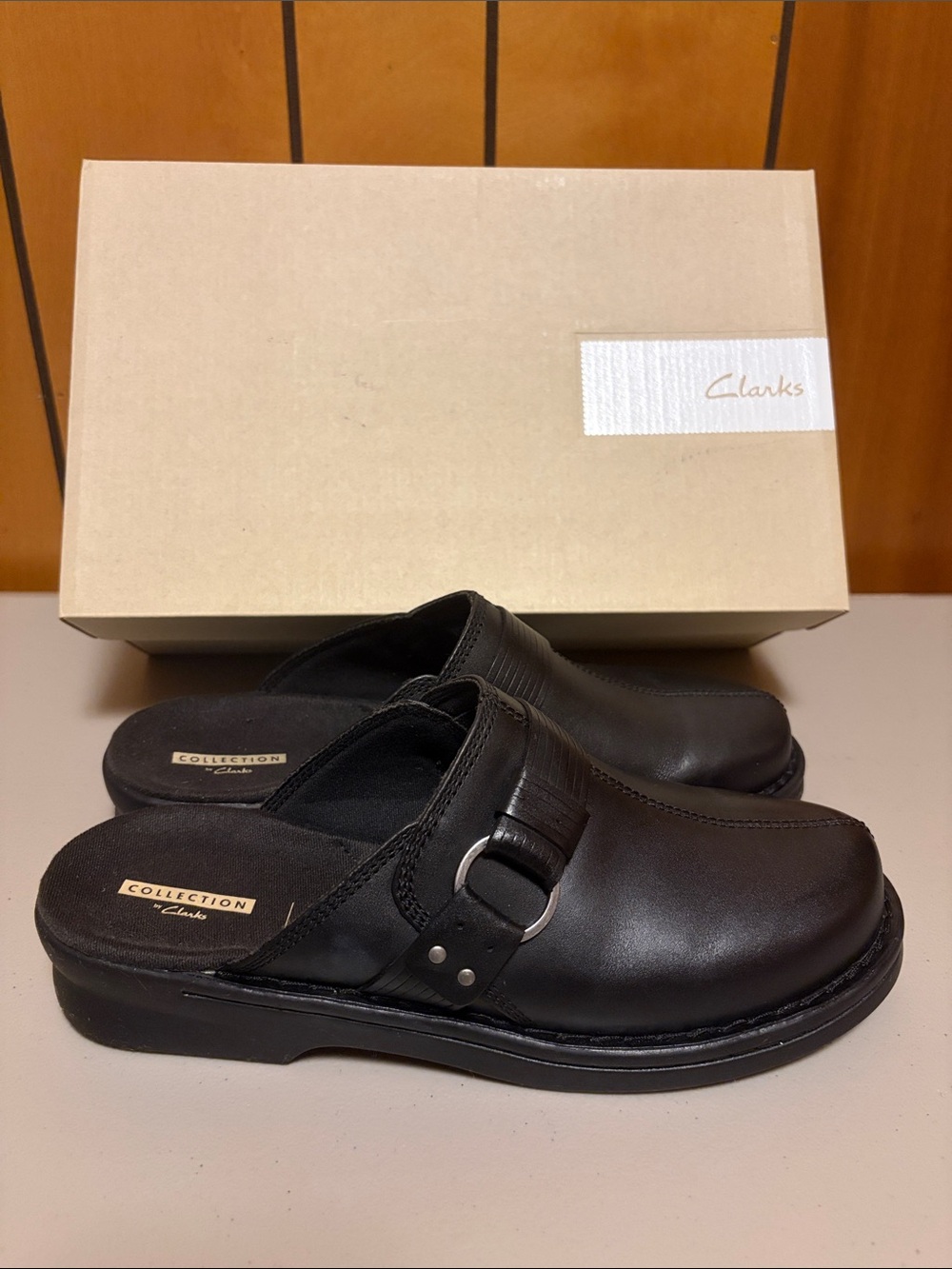 Clarks Black Leather Slip-On Clog Mules with Buckle Detail